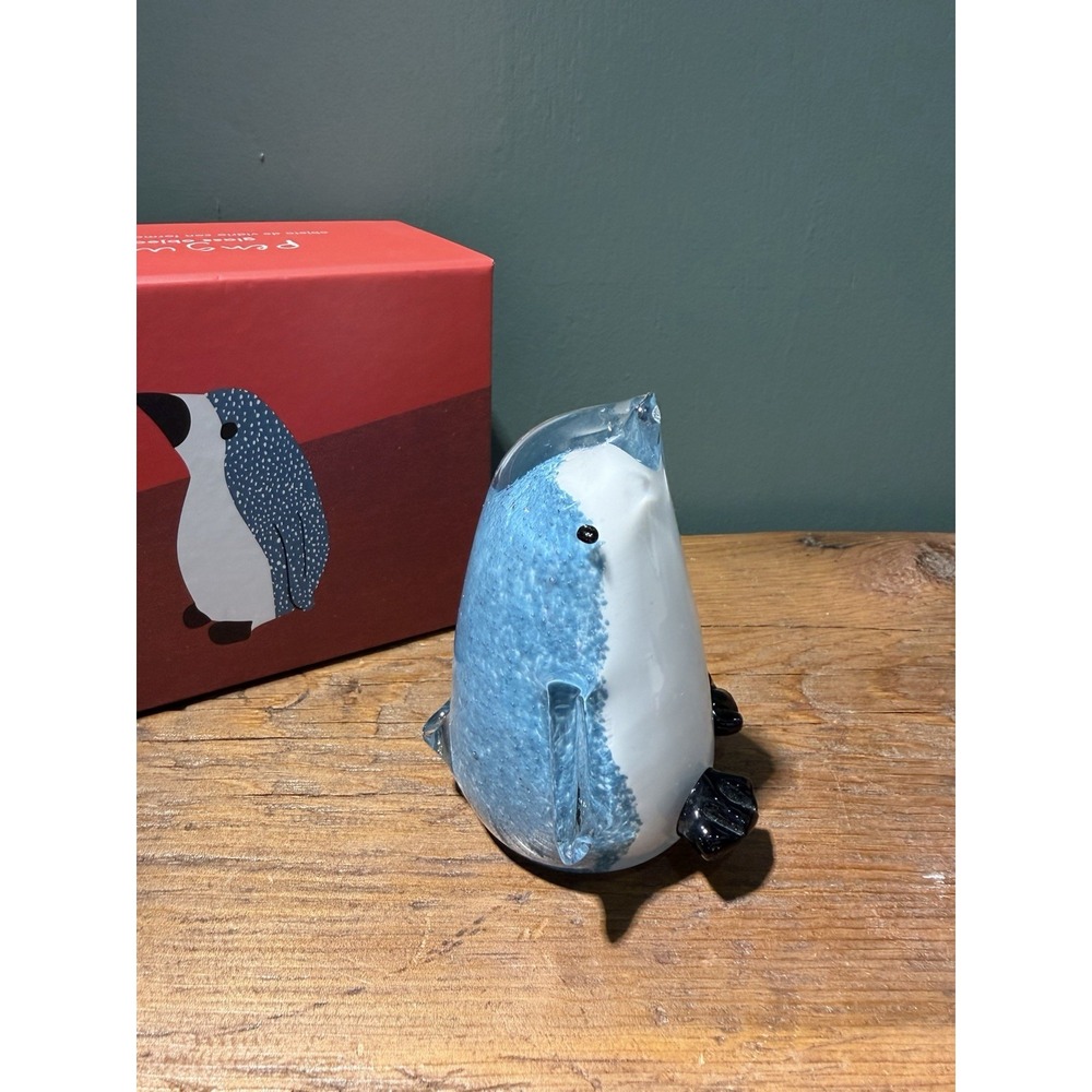 Retired West Elm Hand Blown Art Glass Penguin Figurine Holiday Decor w/ Orig Box